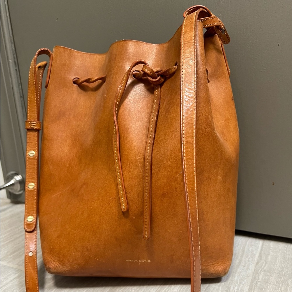 Authentic Masur Gavriel Tanned Large Bucket Bag with Pink Interior + Wallet